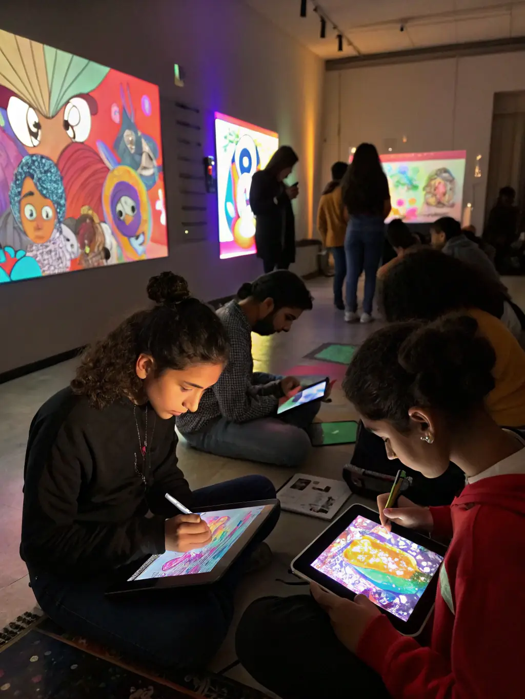 A dynamic image of a workshop session where COMPAGNIE 326 artists are teaching young participants about digital art techniques, highlighting the organization's commitment to arts education.