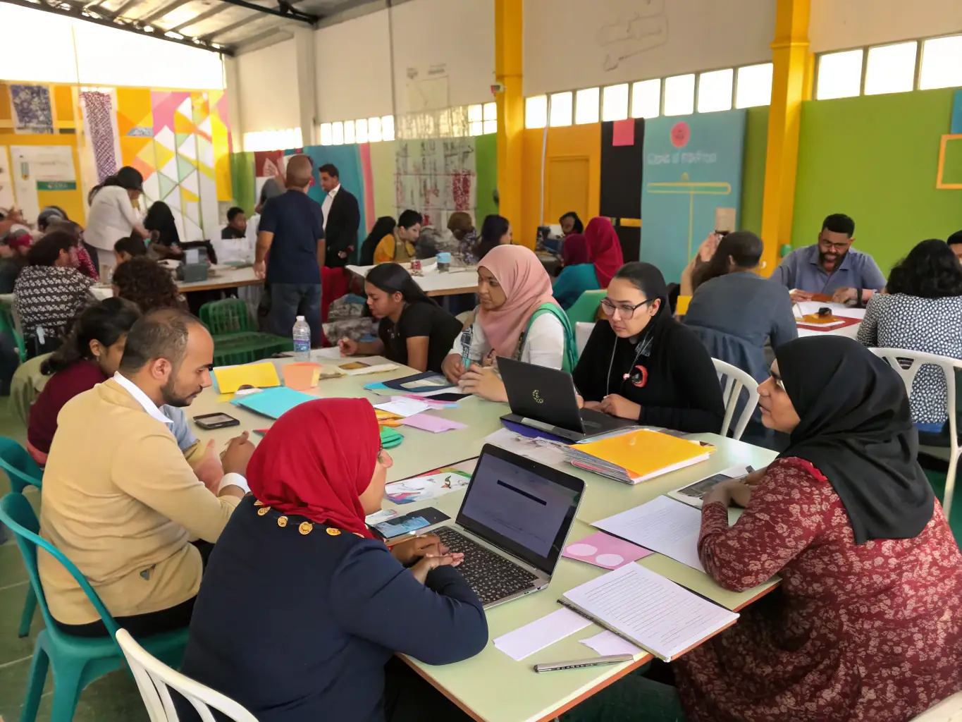 A photograph of a workshop in progress, with participants actively engaged in learning multimedia techniques, reflecting COMPAGNIE 326's commitment to arts education.