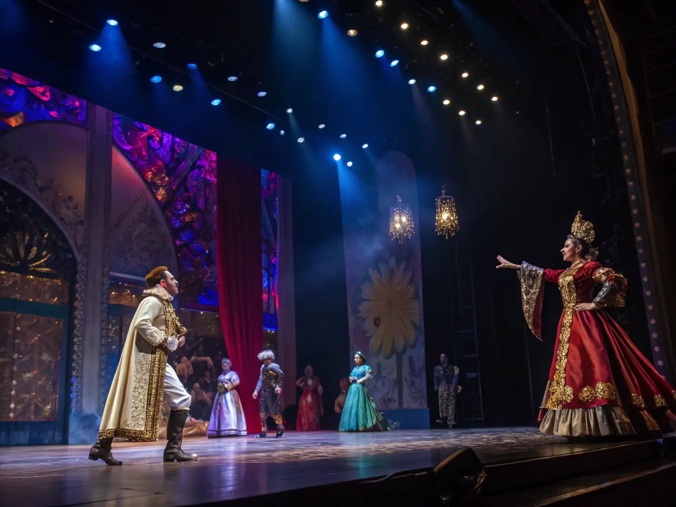 A dynamic image showcasing a live stage performance with actors in costume, set against a backdrop of multimedia projections, capturing the essence of COMPAGNIE 326's stage arts production.