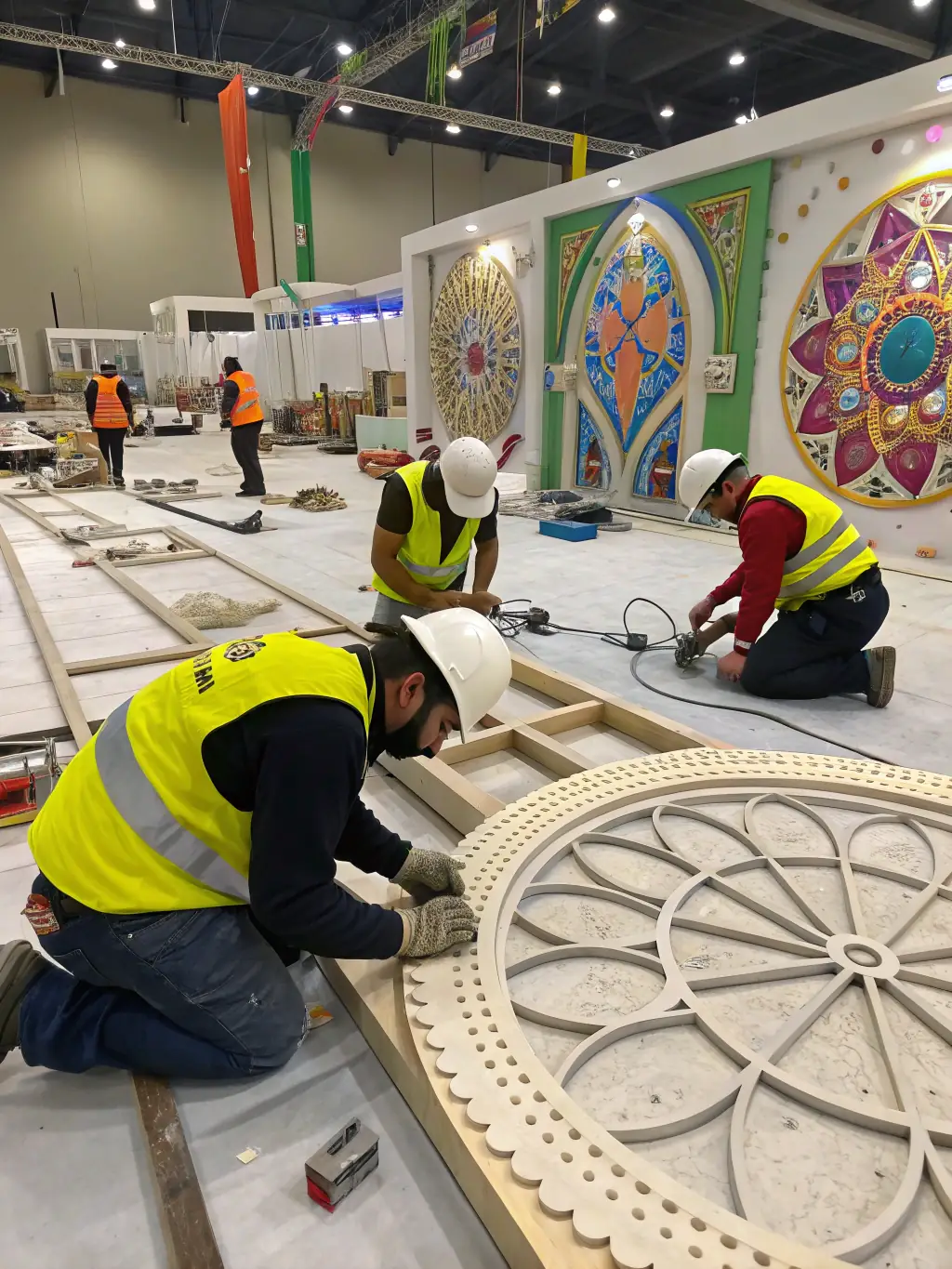 A behind-the-scenes shot of COMPAGNIE 326 artists working on the set design for an upcoming multimedia performance, emphasizing the technical expertise and collaborative spirit of the organization.