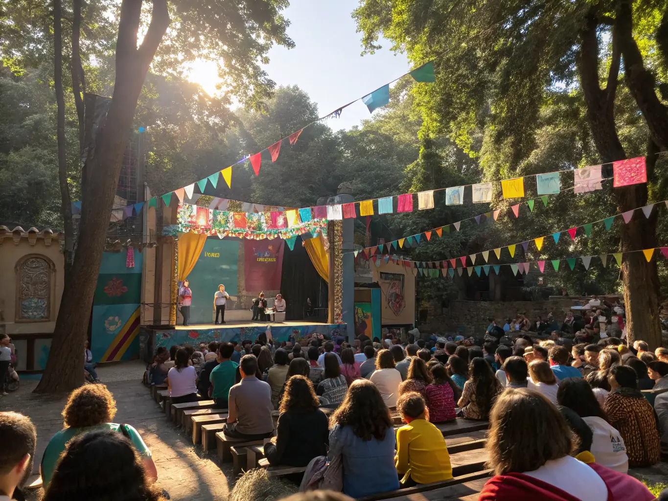 A visually striking image of a community arts event organized by COMPAGNIE 326, showing diverse participants enjoying an outdoor performance, symbolizing the organization's community engagement.