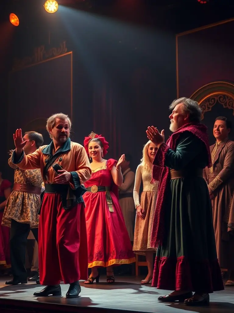 A vibrant photograph capturing a live stage performance by COMPAGNIE 326, showcasing actors in colorful costumes interacting with multimedia projections, emphasizing the blend of traditional and digital arts.