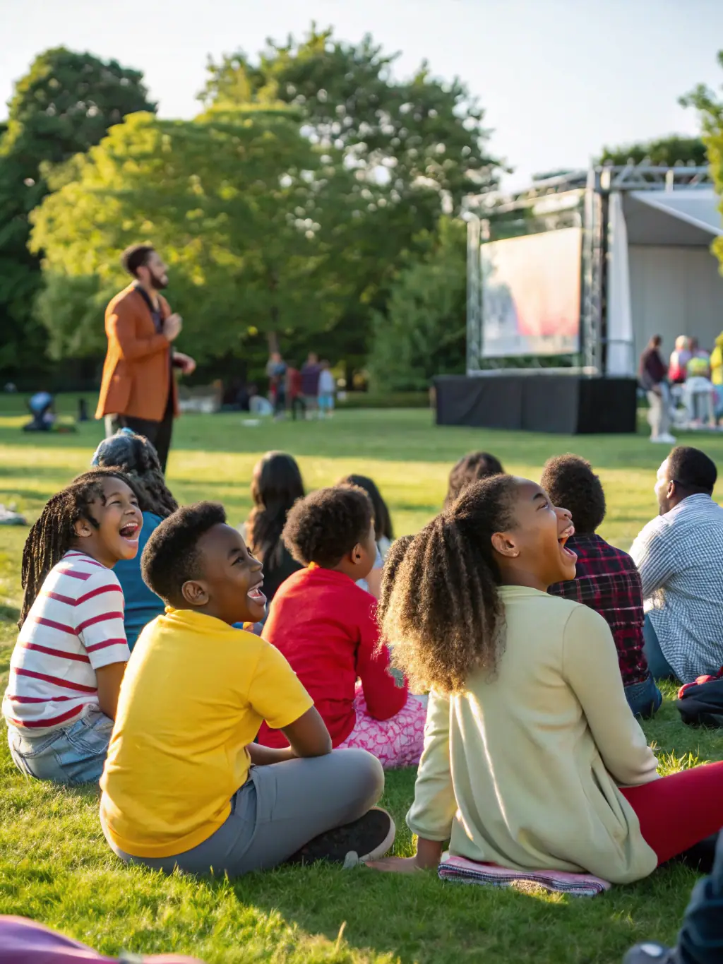 A photograph of a community event organized by COMPAGNIE 326, showing diverse audience members enjoying an outdoor performance, illustrating the organization's role in enhancing local artistic dynamics.